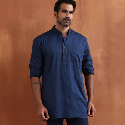 trueBrowns Men's Blue Cotton Short Kurta