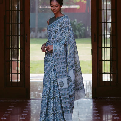 Turquoise Jaipur Cotton Saree With With Sanganeer style printed floral motifs