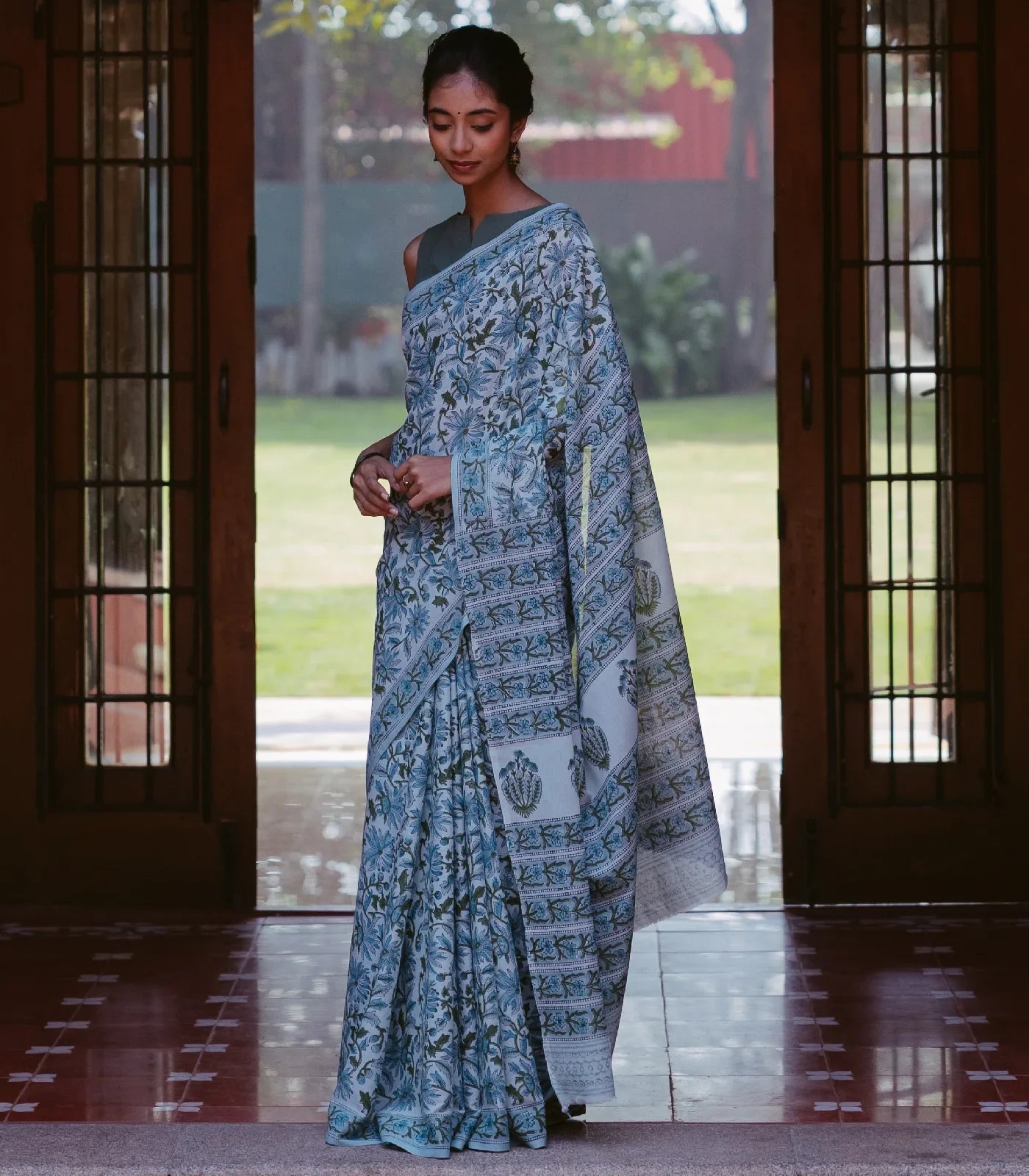 Turquoise Jaipur Cotton Saree With With Sanganeer style printed floral motifs