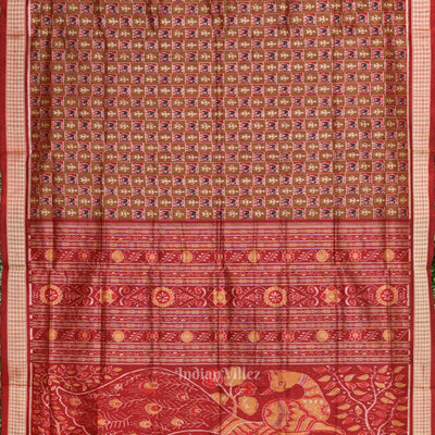 Golden Maroon Elephant Theme Sambalpuri Silk Saree