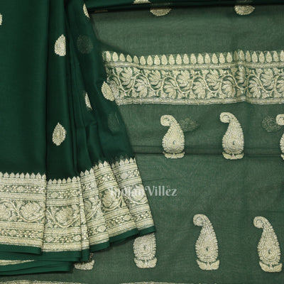 Dark Green Pure Khaddi Chiffon Banarasi Saree