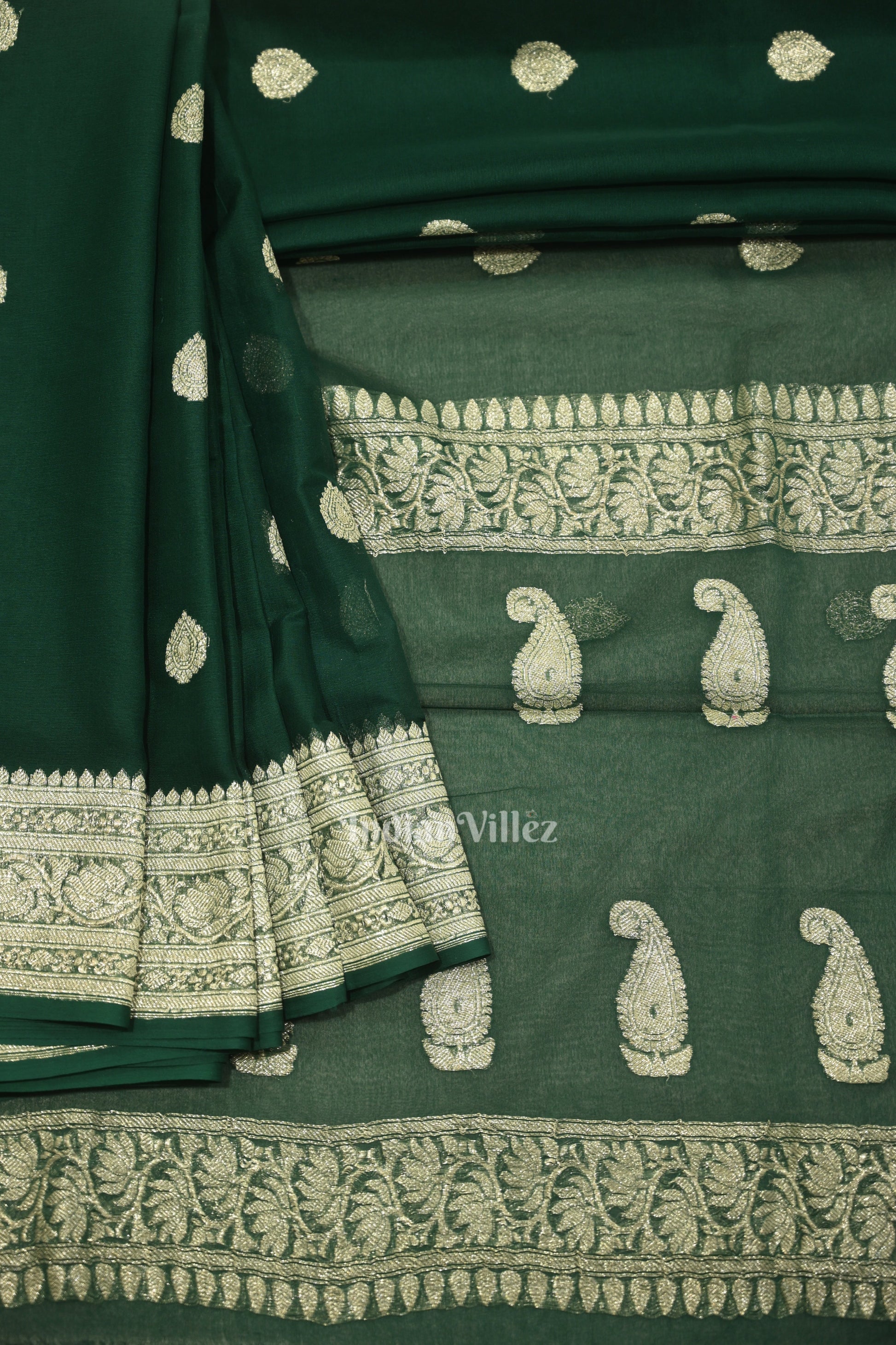 Dark Green Pure Khaddi Chiffon Banarasi Saree