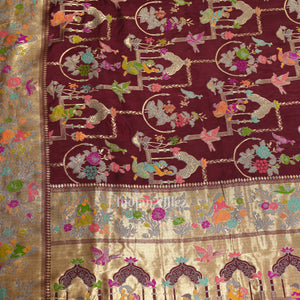 Wine Purple Tussar Khaddi Georgette Banarasi Saree with Tassels