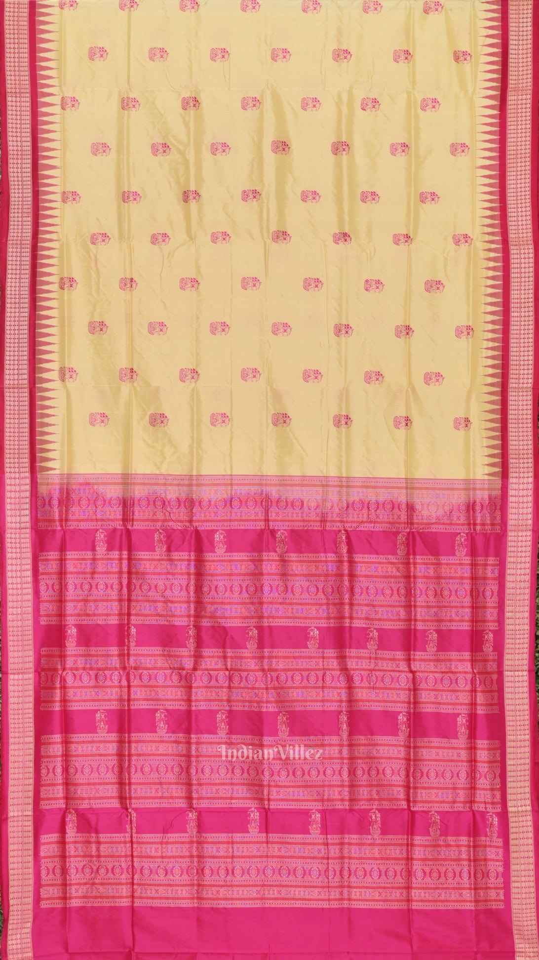 Cream Rani Pink Boita Design Bomkai  Sambalpuri Silk Saree