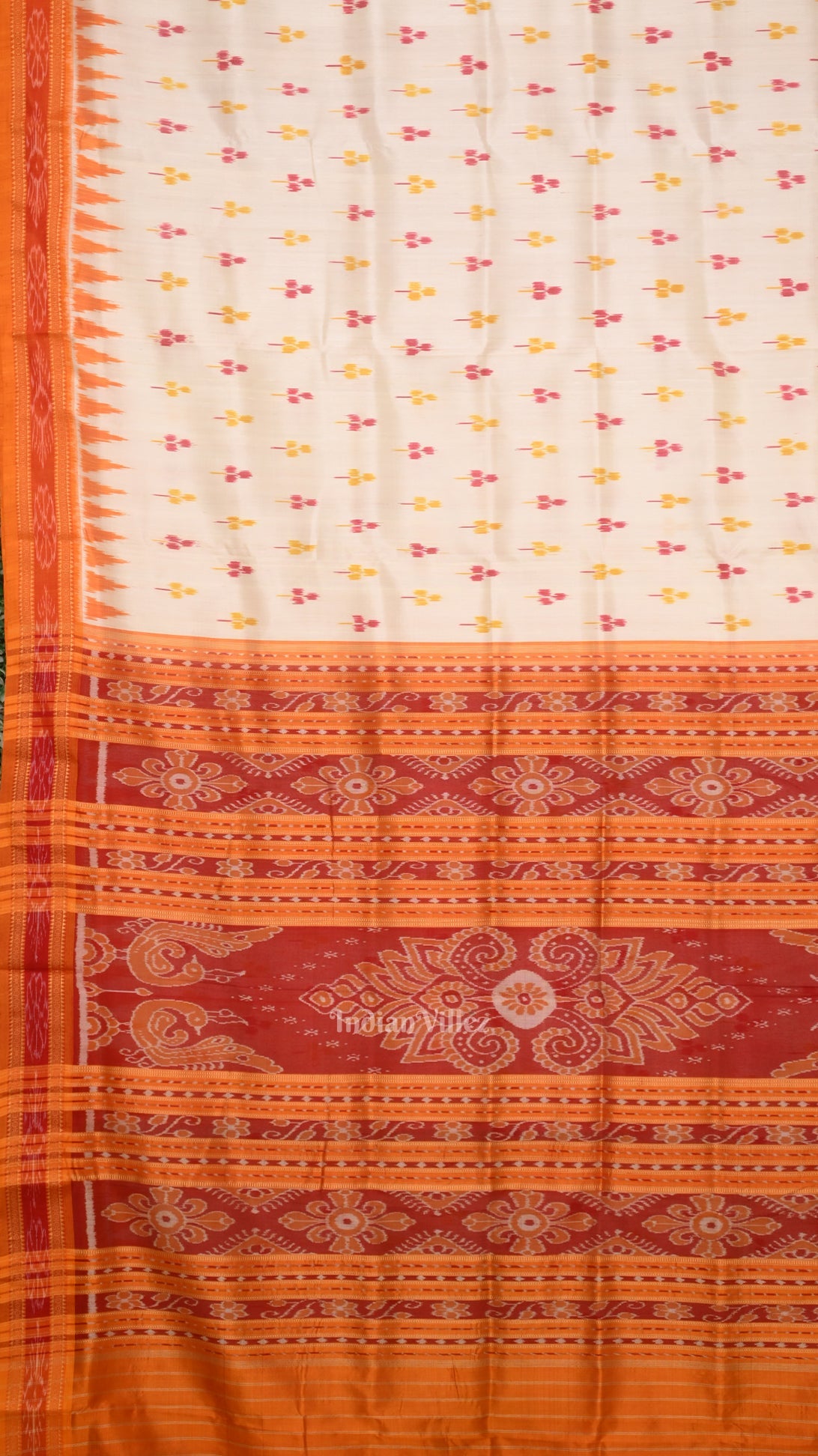 White Orange Yellow Odisha Ikat Khandua Silk Saree