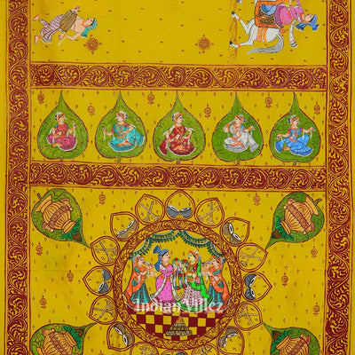 Yellow Doli Barat With Marriage Theme Hand-Painted Pattachitra Saree
