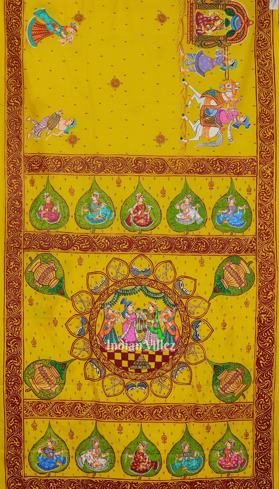 Yellow Doli Barat With Marriage Theme Hand-Painted Pattachitra Saree