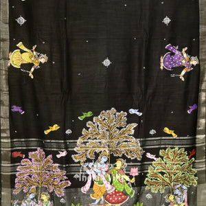 Black Radha Krishna Rasa Theme Hand-Painted Pattachitra Saree