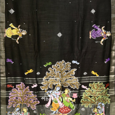 Black Radha Krishna Rasa Theme Hand-Painted Pattachitra Saree