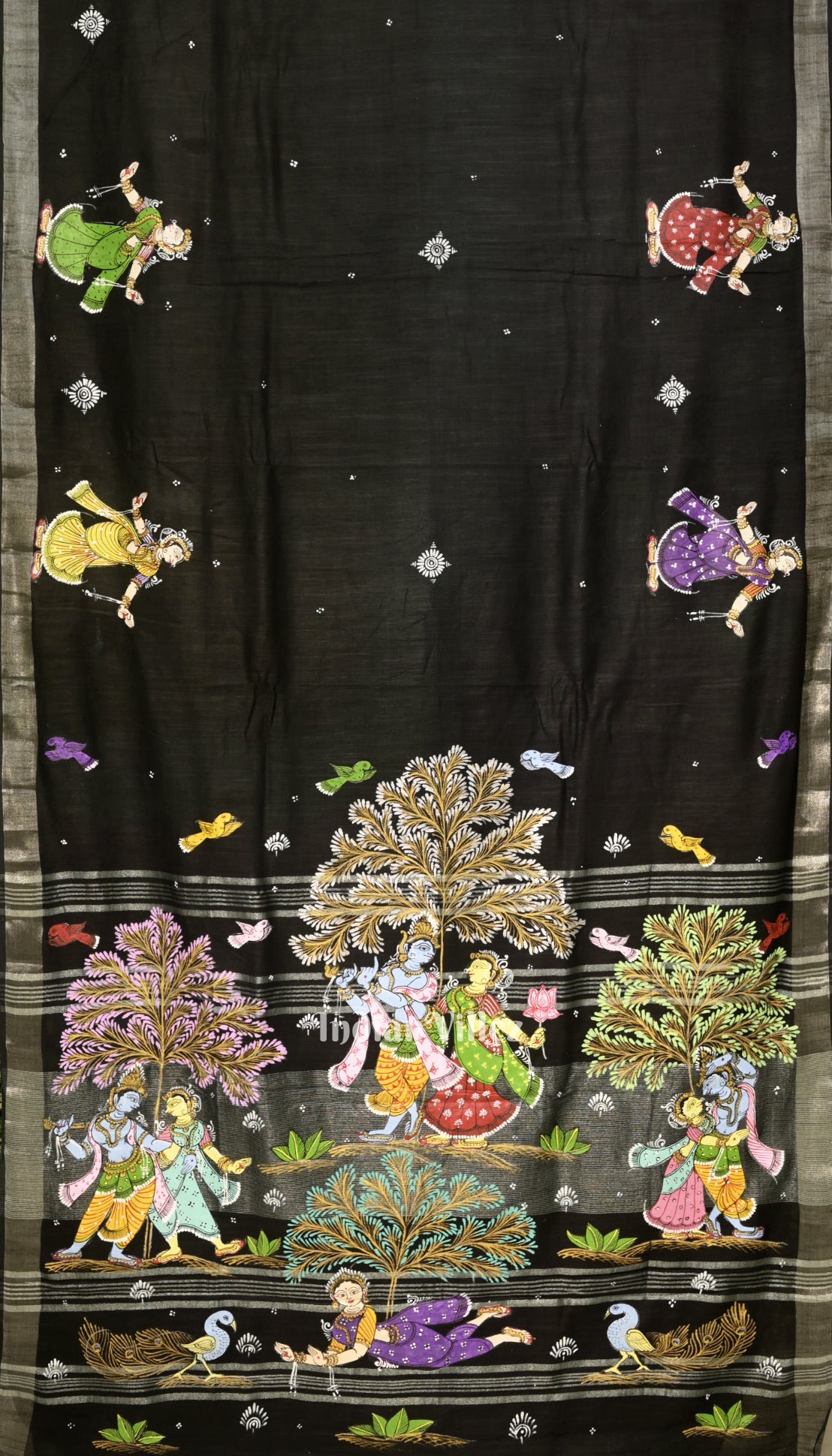 Black Radha Krishna Rasa Theme Hand-Painted Pattachitra Saree