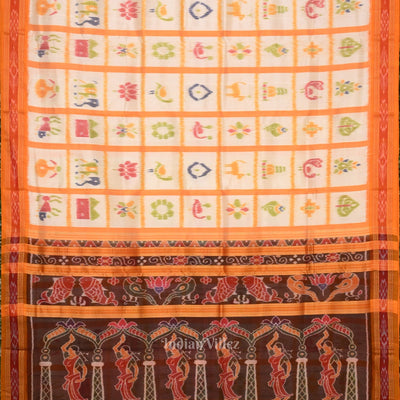 White Yellow Nabakothi Odisha Ikat Khandua Silk Saree with Nartaki Anchal
