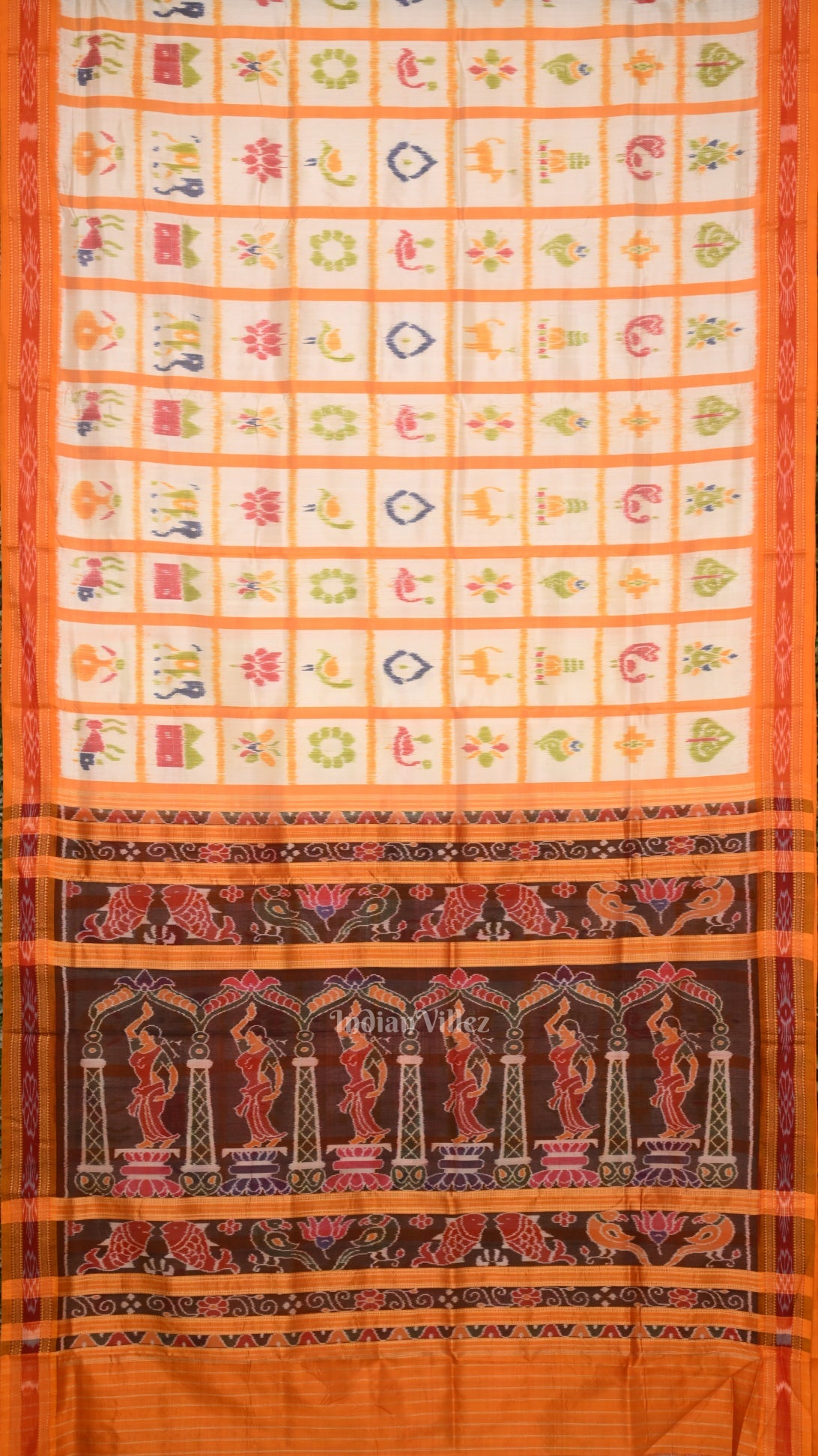 White Yellow Nabakothi Odisha Ikat Khandua Silk Saree with Nartaki Anchal