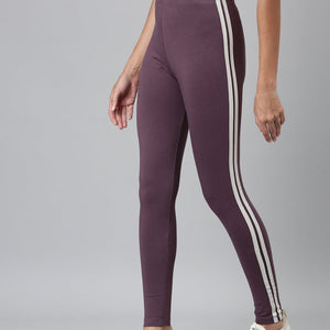 Women Purple Cotton Side Stripe Active Leggings