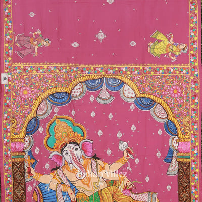Pink Shree Siddhivinayak Ganapati Hand-Painted Pattachitra Saree