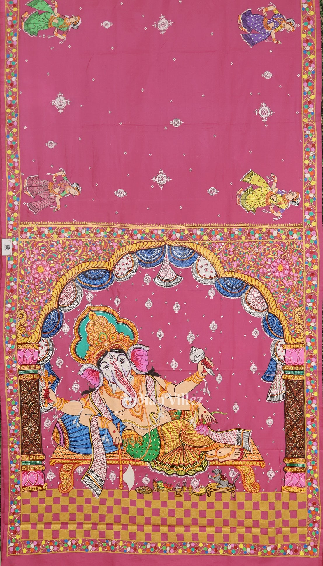 Pink Shree Siddhivinayak Ganapati Hand-Painted Pattachitra Saree