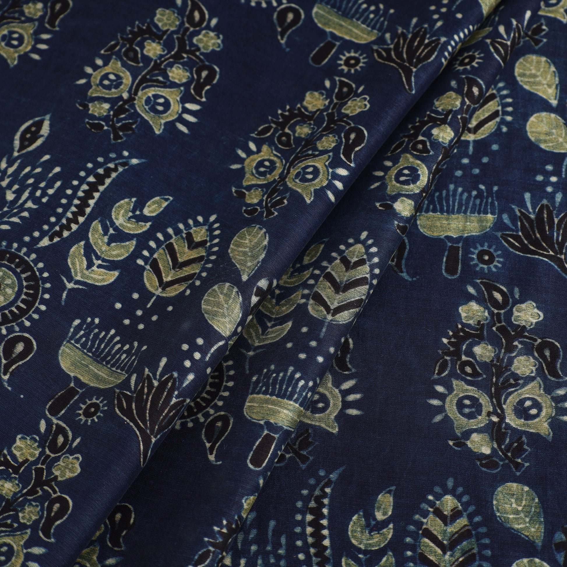 Blue - Ajrakh Block Printed Chanderi Silk Fabric 01