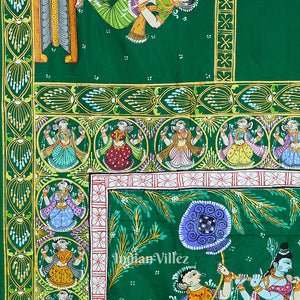 Green Radha Krishna Boita Theme Hand-Painted Pattachitra Saree