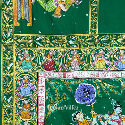 Green Radha Krishna Boita Theme Hand-Painted Pattachitra Saree