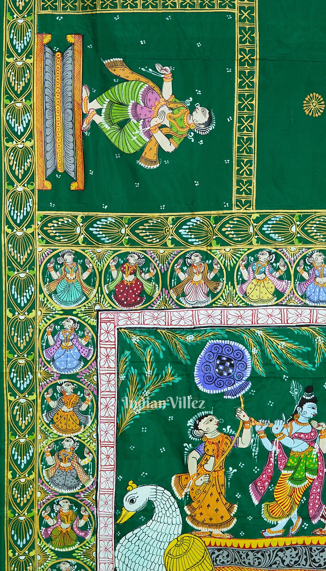 Green Radha Krishna Boita Theme Hand-Painted Pattachitra Saree