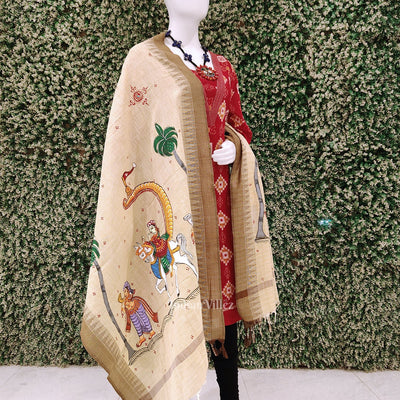 Cream marriage Theme Hand-Painted Tussar Pattachitra Dupatta