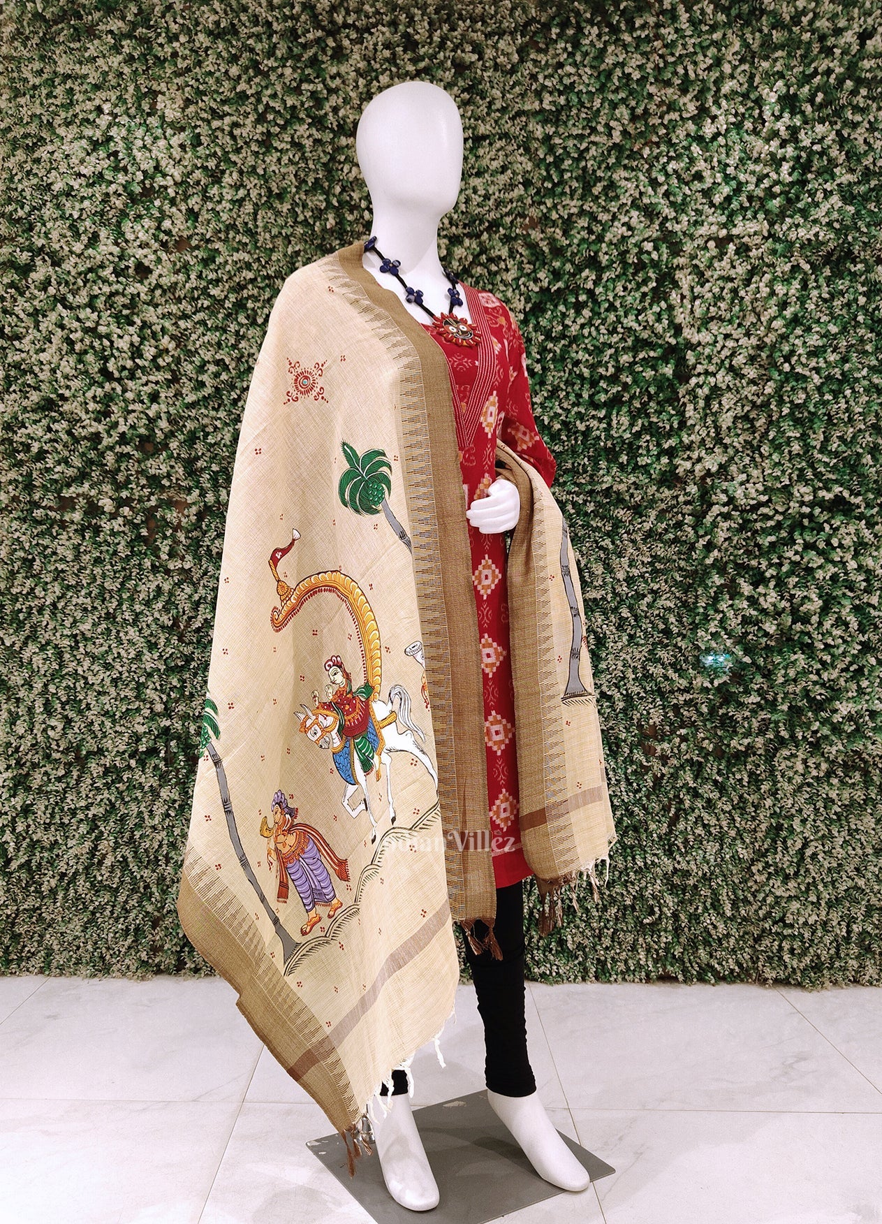 Cream marriage Theme Hand-Painted Tussar Pattachitra Dupatta