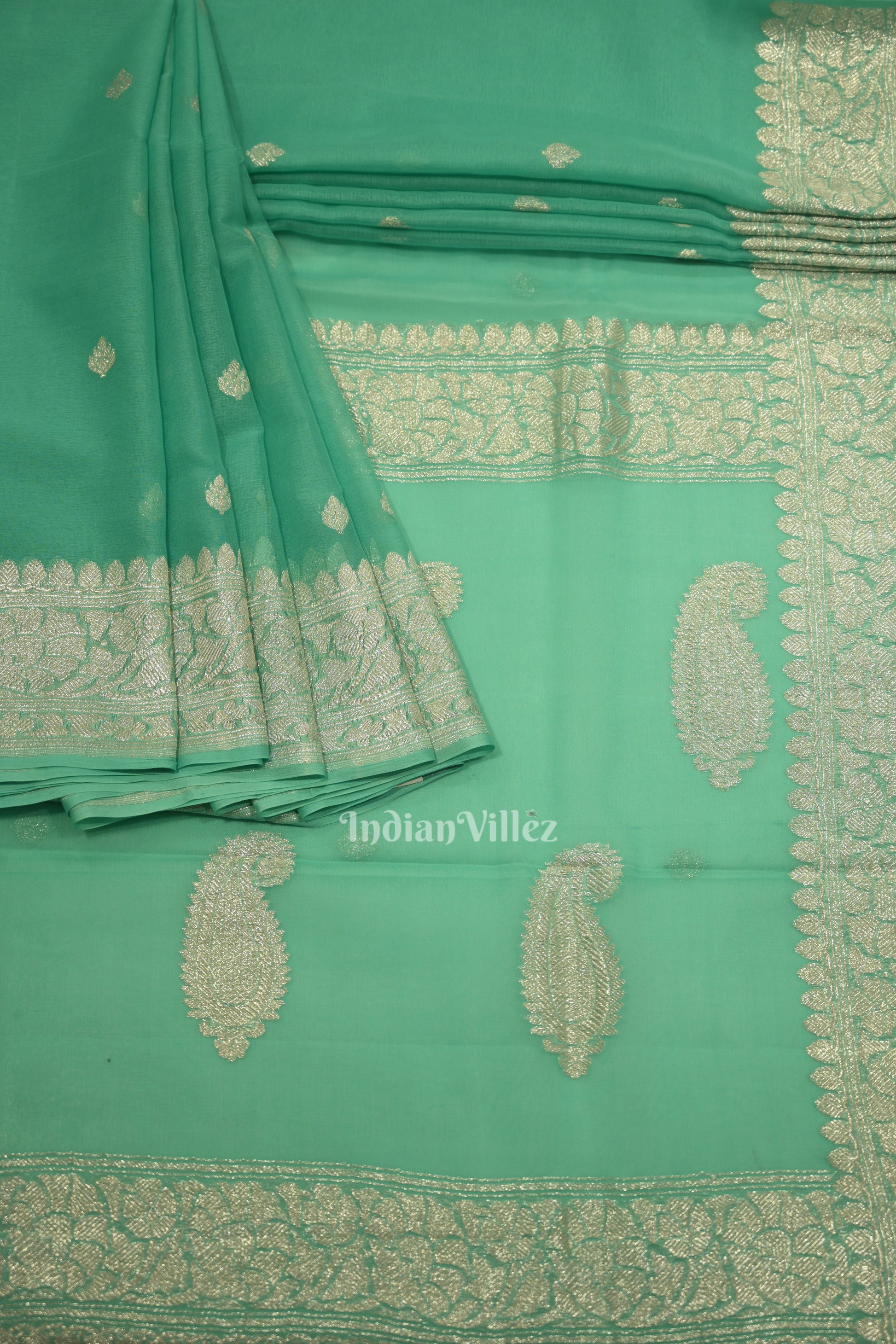 Aqua Blue Pure Khaddi Chiffon Banarasi Saree