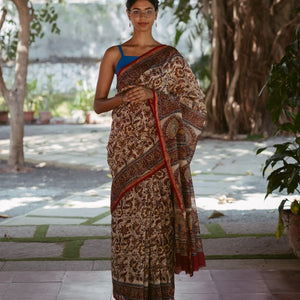 Cream Handloom Chanderi Cotton Saree With  A Printed Kalamkari Design