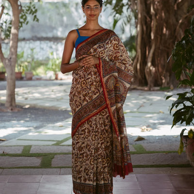 Cream Handloom Chanderi Cotton Saree With  A Printed Kalamkari Design