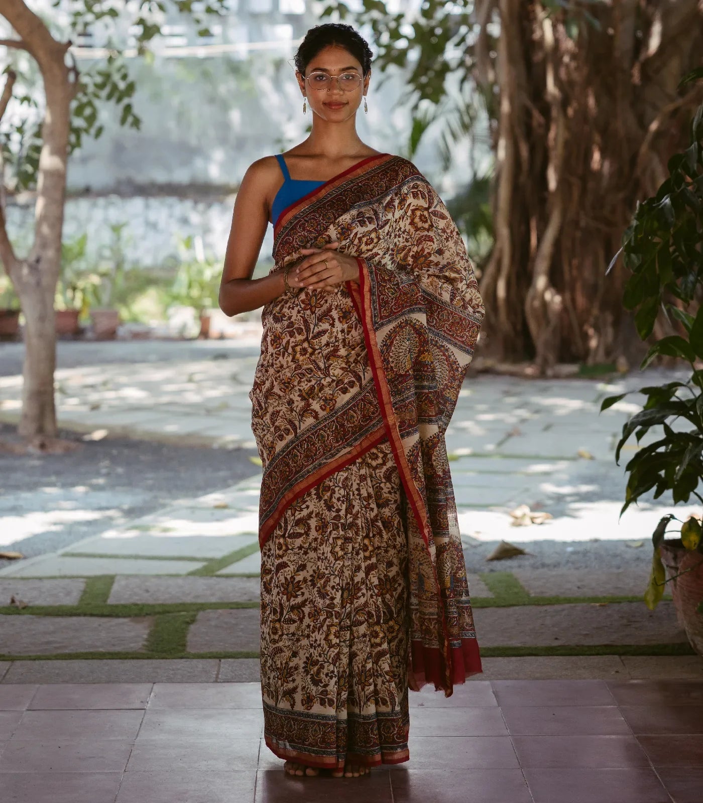 Cream Handloom Chanderi Cotton Saree With  A Printed Kalamkari Design