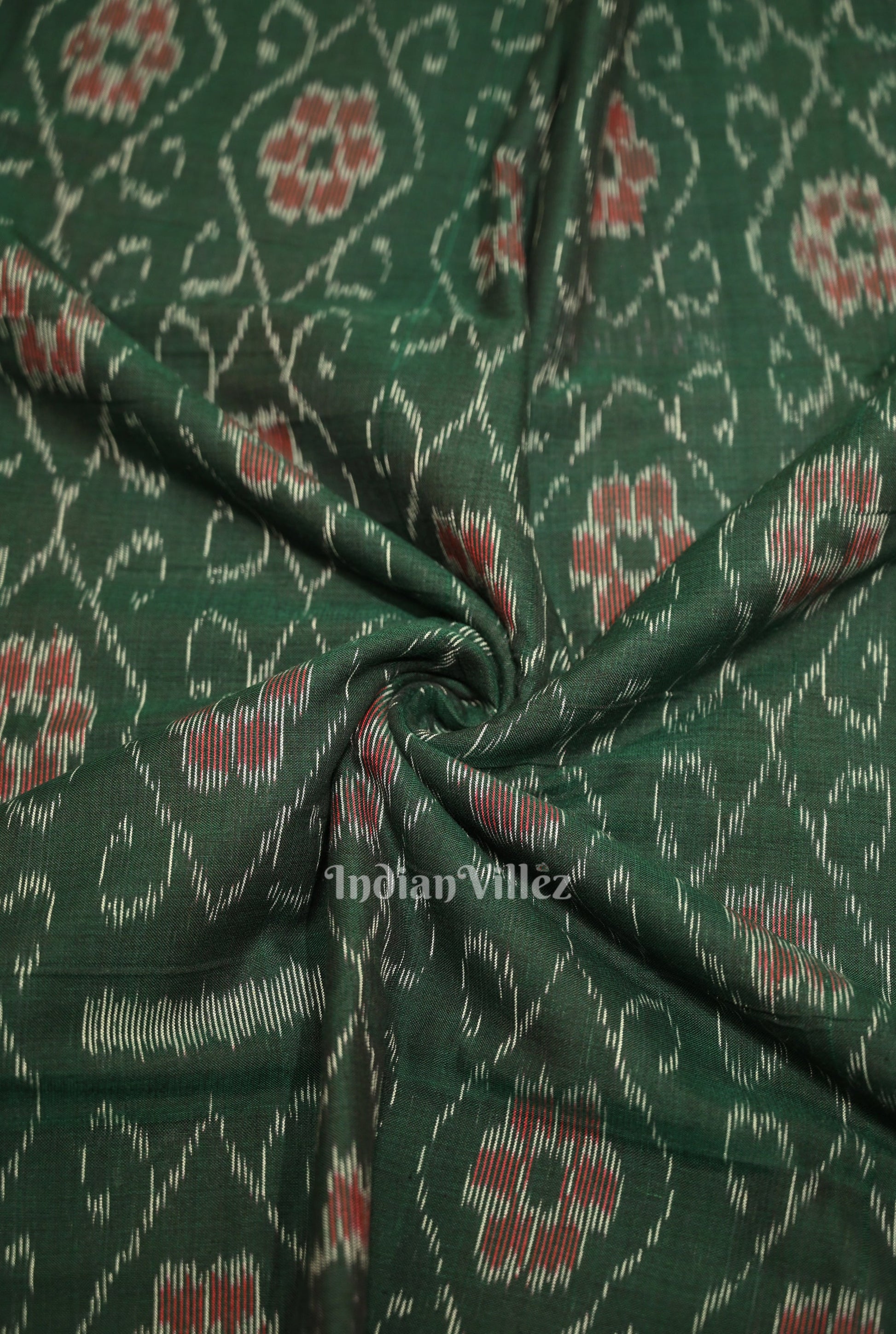 Bottle Green Flower Pasapali Design Sambalpuri Odisha Ikat Cotton Fabric