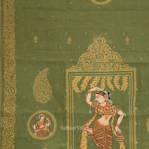 Green Nartaki Theme Hand- Painted Pattachitra Saree