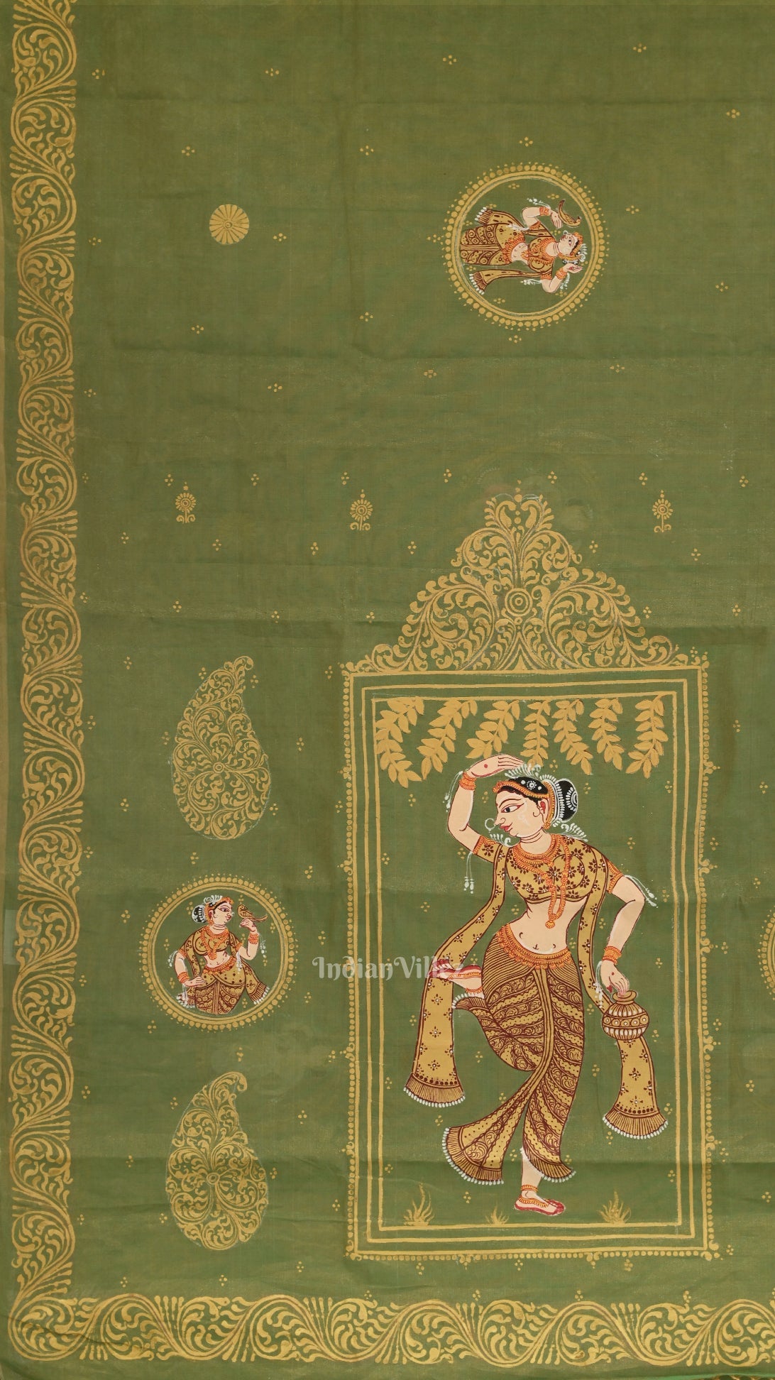 Green Nartaki Theme Hand- Painted Pattachitra Saree