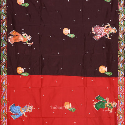 Red with Coffee Rasaleela Theme Hand-Painted Pattachitra Saree