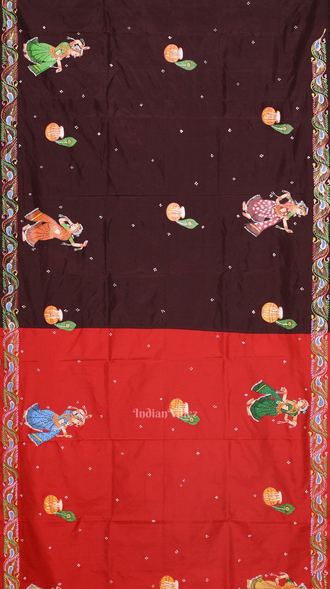 Red with Coffee Rasaleela Theme Hand-Painted Pattachitra Saree