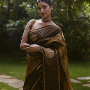 Dark Olive Handloom Silk Cotton Saree With Veldari stripes