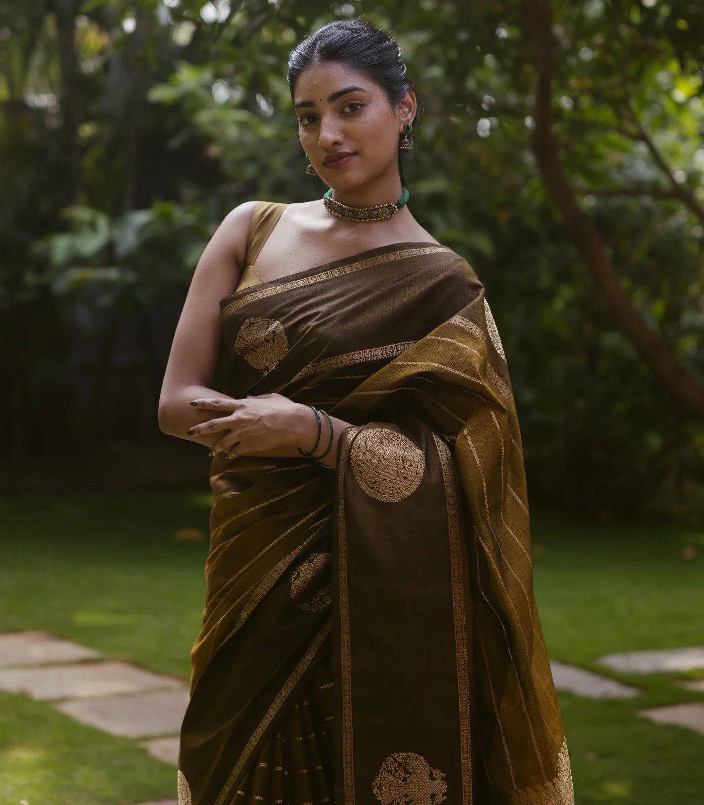Dark Olive Handloom Silk Cotton Saree With Veldari stripes