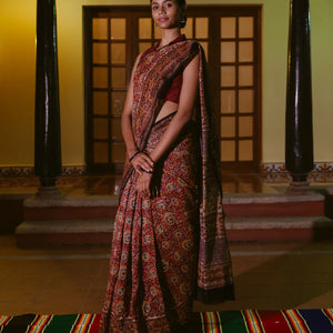 Brown Handloom Chanderi Cotton Saree With Kalamkari Style print