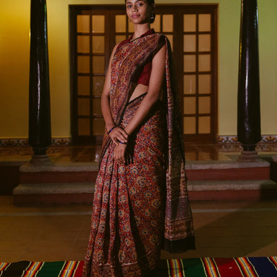 Brown Handloom Chanderi Cotton Saree With Kalamkari Style print