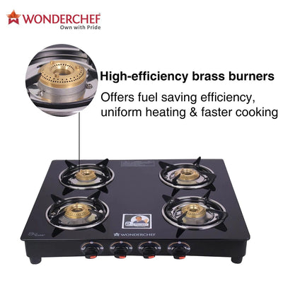 Ruby  4 Burner Glass Cooktop, Black Toughened Glass