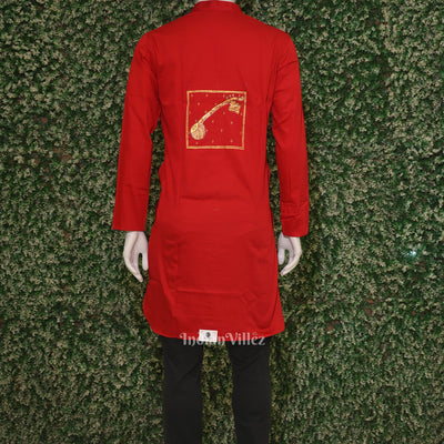 Red Musical Instrumental Hand-Painted Pattachitra Kurta