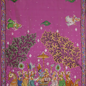 Pink Grey Boita Rasaleela Theme Hand-Painted Pattachitra Saree