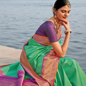 Turquoise Handloom Kanchipuram Korvai Silk Saree With Zari Checks-Turquoise