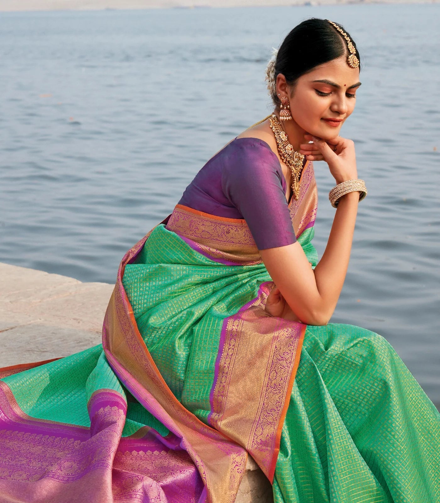 Turquoise Handloom Kanchipuram Korvai Silk Saree With Zari Checks-Turquoise