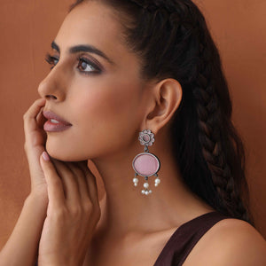 trueBrowns Silver Tone Pink Stone Dangle Earrings