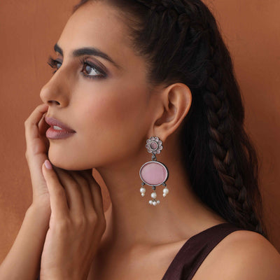 trueBrowns Silver Tone Pink Stone Dangle Earrings