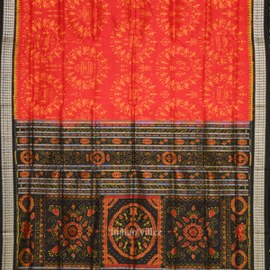 Deep Red Black Tribal Theme Sambalpuri Silk Saree