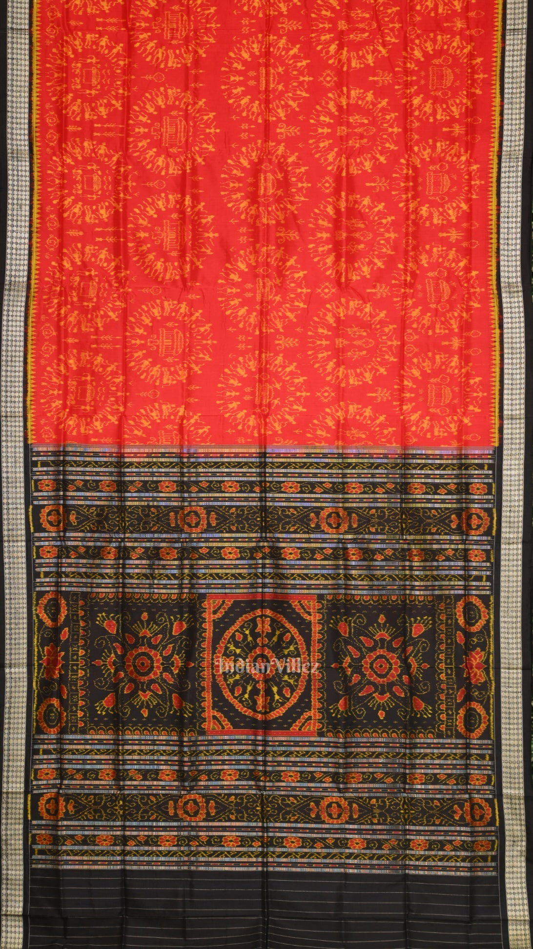 Deep Red Black Tribal Theme Sambalpuri Silk Saree