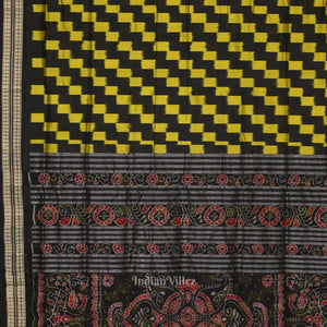 Black with Yellow Box Pattern Sambalpuri Pure Ikat Silk Saree