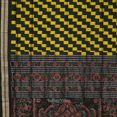 Black with Yellow Box Pattern Sambalpuri Pure Ikat Silk Saree