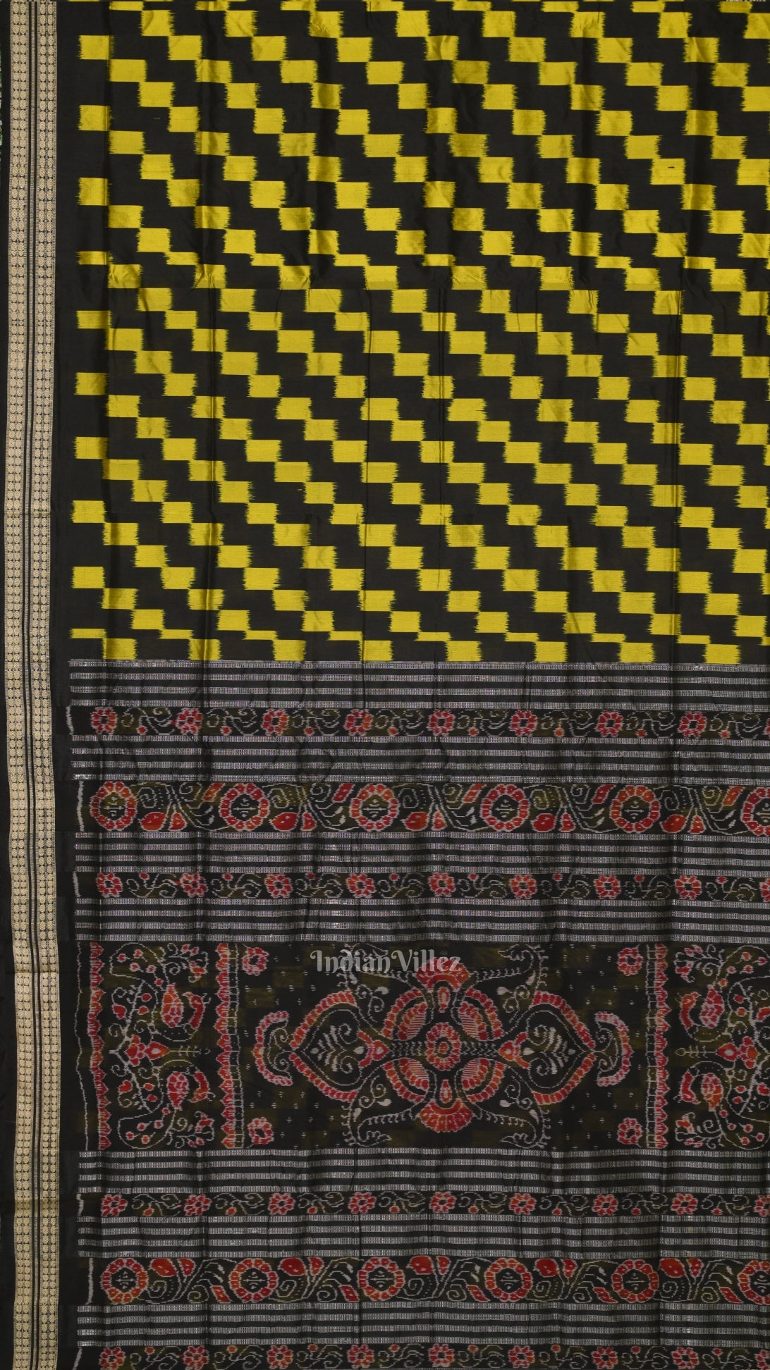 Black with Yellow Box Pattern Sambalpuri Pure Ikat Silk Saree
